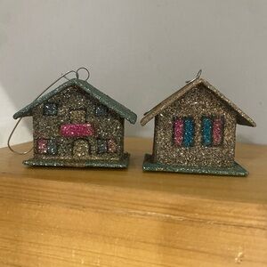 Vintage glittered cardboard Putz-style Christmas house ornaments.